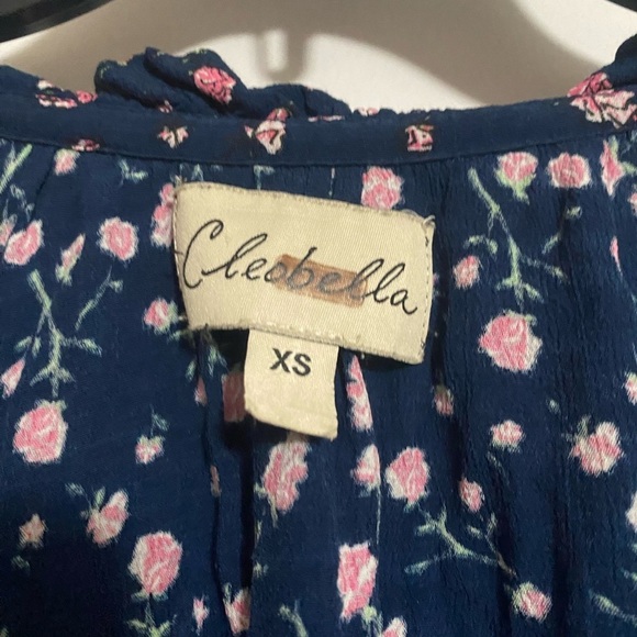 Cleobella Tie Neck Floral Blouse Navy Pink Tiered Bell Sleeve Ruffle XS - Picture 5 of 7
